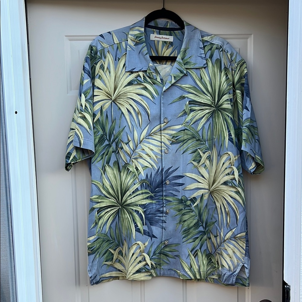 Tommy Bahama Tropical Leaf Print Shirt – Blue & Green Blend, Silk-Cotton Blend